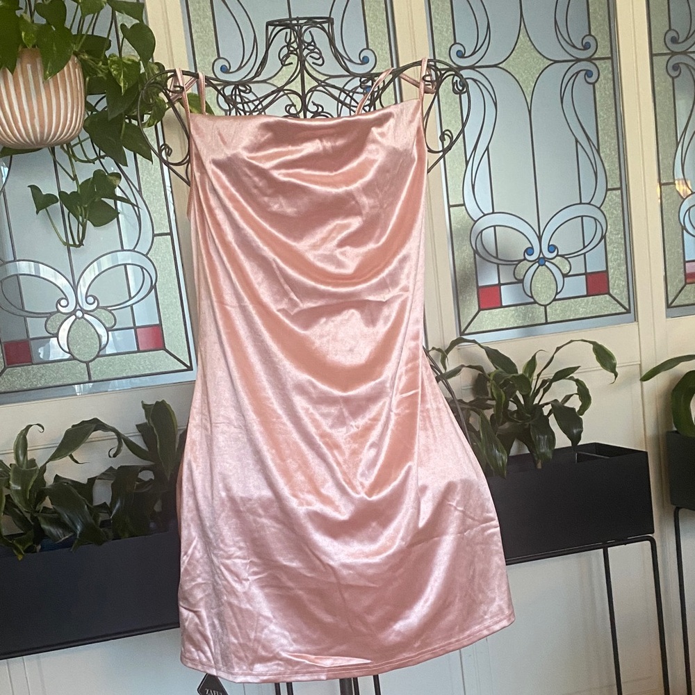 Zaful Blush Satin Cowl Neck Slip Dress